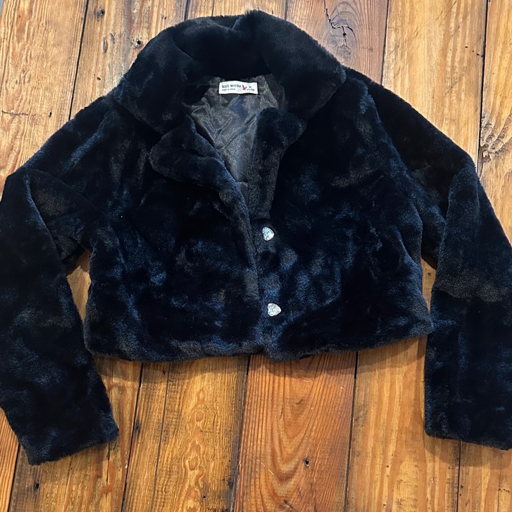 Girls Knitworks Midnight Black Faux Fur cropped jacket medium 10/12